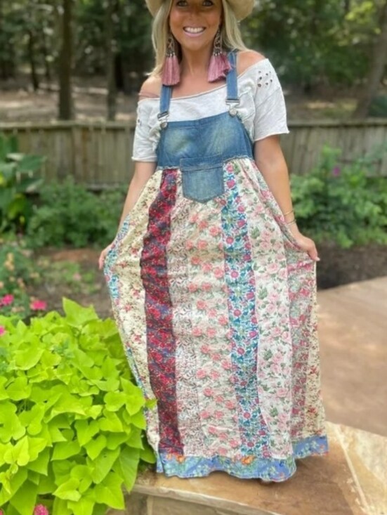 A Rare Bird Dresses & Skirts - A Rare Bird Denim Overall Patchwork Maxi Dress XXL Tie Back Boho Cottagecore